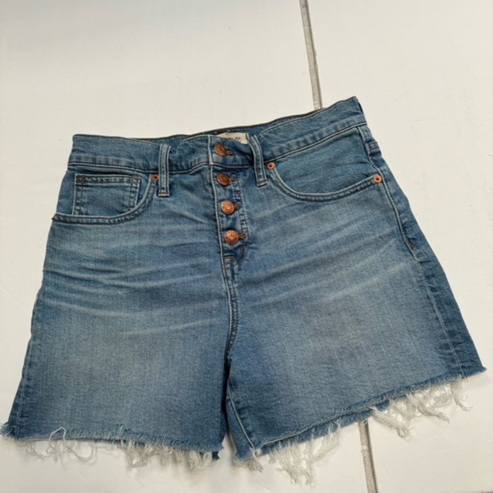 MADEWELL light blue Jean button fly denim shorts raw frayed hem stretch w26"